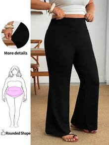 SHEIN PETITE CURVE 大尺碼女款休閒黑色高腰喇叭褲 秋季 - 黑色 - 查看 1