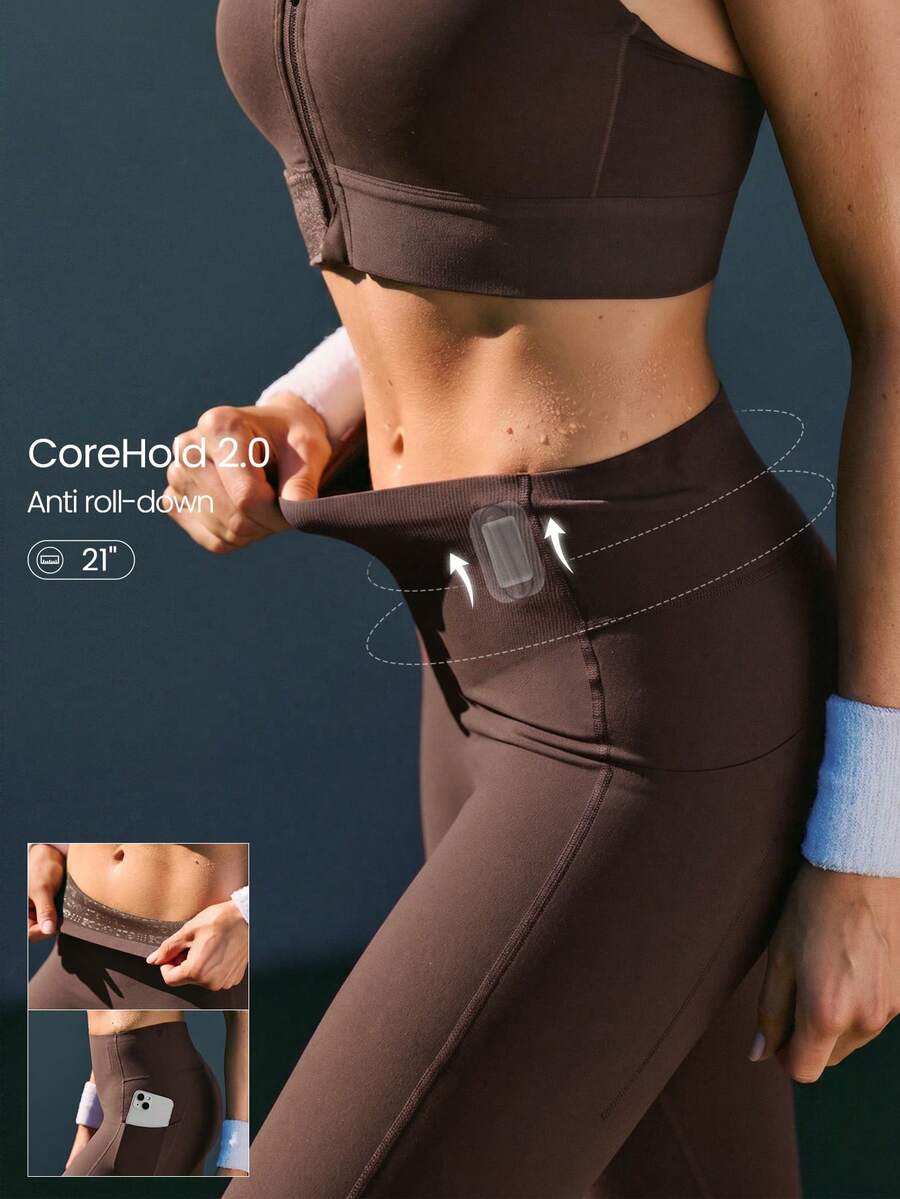 GLOWMODE 21" FeatherFit™-Sculpt Slay The Sweat Compressive Anti-Roll Tummy Control No Front Seam Side Pockets Leggings Training Running Workout Gym - Brown - View 1