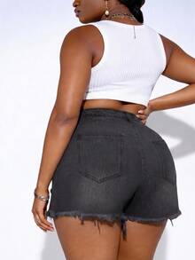 CurvyTilda Plus Size Women Distressed Pocket Frayed Hem Casual Versatile Daily Wear Denim Shorts Summer - Dark Grey - View 2