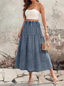 SHEIN Essnce Women's Elastic Waist Side Knot Casual Denim Skirt - Blue - View 7