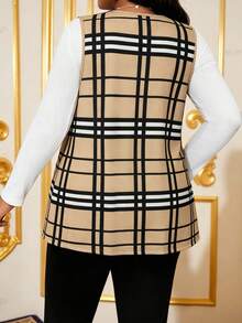 SHEIN Lady 大尺碼女款格紋休閒商務休閒優雅百搭日常穿搭背心外套 辦公正式 卡其色、黑色與白色格紋 夏季 - 卡其色 - 查看 2