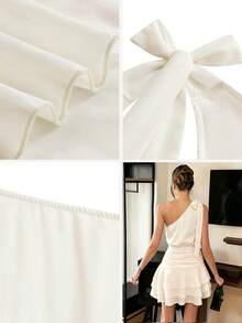 SHEIN PariChic 女士优雅浪漫单肩蝴蝶结连衣裙，收腰设计，杏色和白色褶皱荷叶边连衣裙，短款连衣裙，新款春夏连衣裙，情人节约会连衣裙，度假休闲连衣裙，轻盈雪纺浪漫连衣裙，无袖春夏多层荷叶边短款连衣裙，女装连衣裙，迷你连衣裙，白色连衣裙，生日连衣裙，婚礼宾客连衣裙 - 杏色 - 查看 8