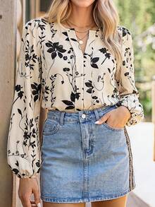 Coeurva Women's White Floral Blouse V-Neck Long Sleeve Floral Print Button Front Closure Fall Autumn Elegant Refined Outdoor Versatile Evening Vacation - Multicolor - View 11