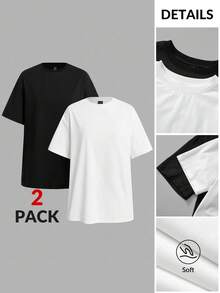 SHEIN BASICS 2件組女款休閒素色針織圓領寬鬆短袖T恤上衣 - 黑與白 - 查看 3