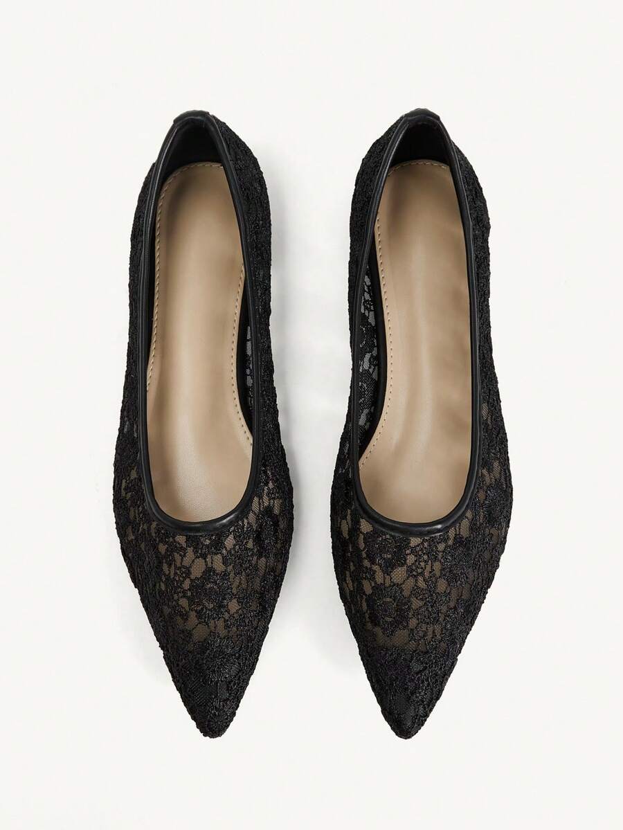 CUCCOO CHICEST Flower Lace Pointed Flats, Gentle Style Commuting Dating Breathable Low Vamp Shoes Fall Shoes - Black - View 1