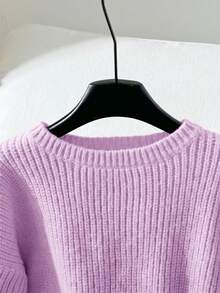 SHEIN Tween女孩秋冬針織羅紋袖口蝴蝶結鬆身套頭毛衣 - 紫色 - 查看 7