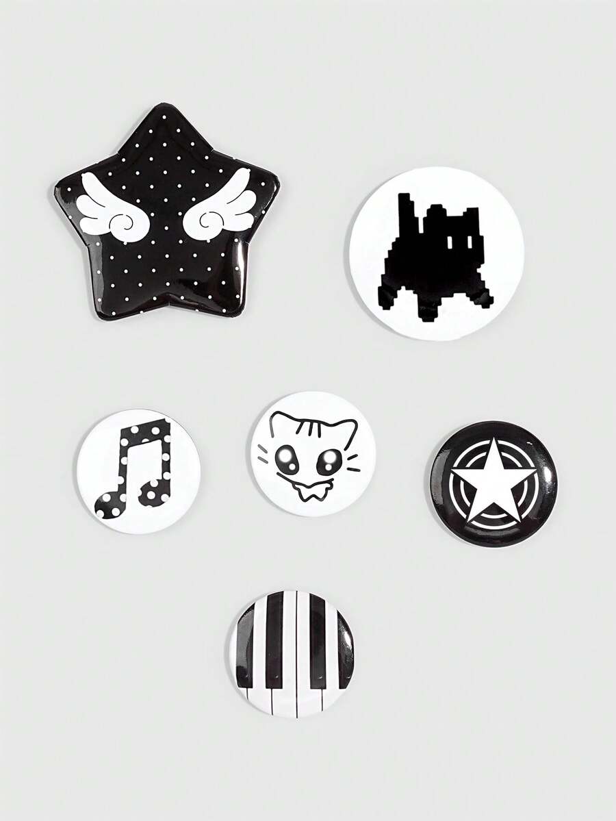 ROMWE Kawaii 6件組可愛黑貓翅膀圖案胸針,裝飾針章,適合返校季、音樂節、生日與節日的完美禮物 - 彩色I - 查看 1