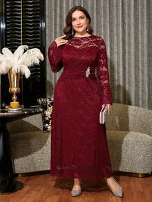 Reflora Plus Size Women's Lace Patchwork Rhinestone Decor Elegant Waist-Cinching Party Dress Fall - Burgundy - View 5