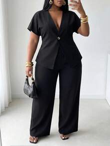 Slaydiva Conjunto de 2 piezas de blazer de un solo botón y pantalones de pierna ancha, elegante traje de negocios para trabajo de talla grande para curvas - Negro - Ver 7