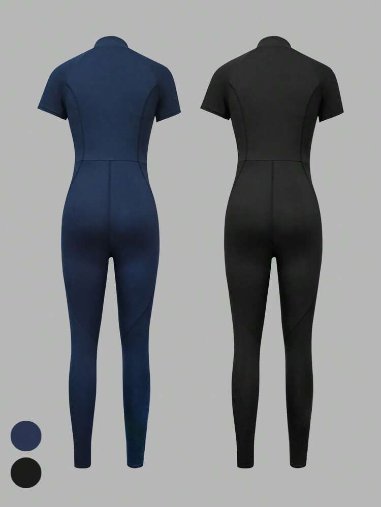 SHEIN Velisys Women's Zipper Front Short Sleeve Solid Color Athletic Athleisure Jumpsuit Gym Navy Blue Black Summer - Multicolor - View 7