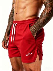GymBeat Men's Geometric Print Drawstring Waist Casual Sports Shorts - Red - View 3