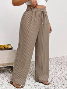 SHEIN Frenchy Plus Size Striped Drawstring Waist Casual Versatile Daily Wear Long Pants Fall - Multicolor - View 5