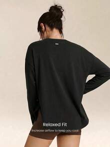GLOWMODE Katun Pima Cuci Vintage, Lembut, Elastis, Potongan Longgar, Panjang Hingga Pinggul, Lengan Panjang dengan Belahan Samping, Pakaian Kasual Sehari-hari - Hitam - View 2
