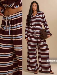 SHEIN BAE CURVE 大尺碼女款條紋休閒寬腿長褲 - 彩色 - 查看 2