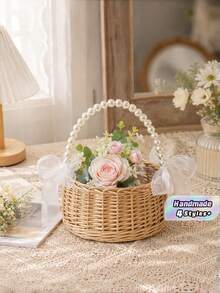 1/2PCS Handmade Pearl Beaded Princess Flower Basket Rattan Woven Storage Basket Handheld Bouquet Basket Handcrafted Home Wedding Party Decor Gift For Her Valentine Birthday - Multicolor - View 1