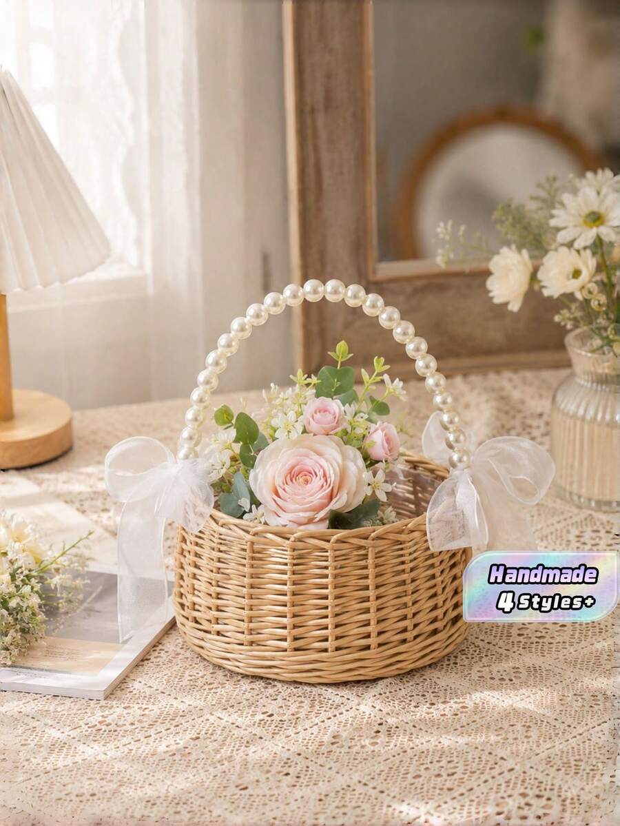 1/2PCS Handmade Pearl Beaded Princess Flower Basket Rattan Woven Storage Basket Handheld Bouquet Basket Handcrafted Home Wedding Party Decor Gift For Her Valentine Birthday - Multicolor - View 1