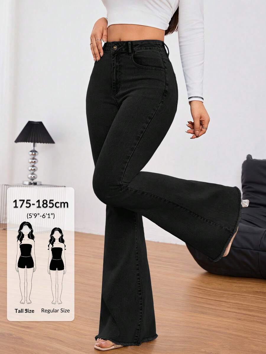 SHEIN Tall 女款休閒水洗修身喇叭褲 黑色寬腿喇叭牛仔褲 高個女性適用 - 黑色 - 查看 1
