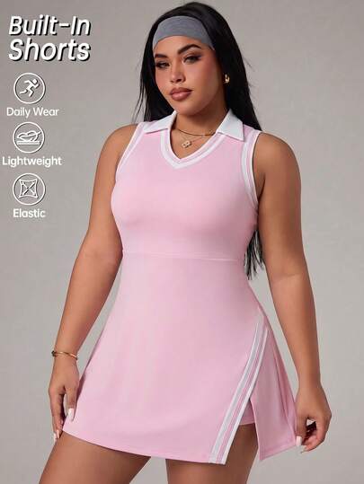 SHEIN Rhythm Era Plus Size Women's Light Pink & White Contrast Collar Tennis Dress, Sleeveless V-Neck Side Slit Outdoor Sports Casual Dress With Built-In Safety Shorts
