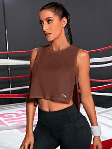 Powerista Casual Versatile Sleeveless Solid Color Side Burn-Out Front Letter Print Design Sports T-Shirt - Brown - View 3