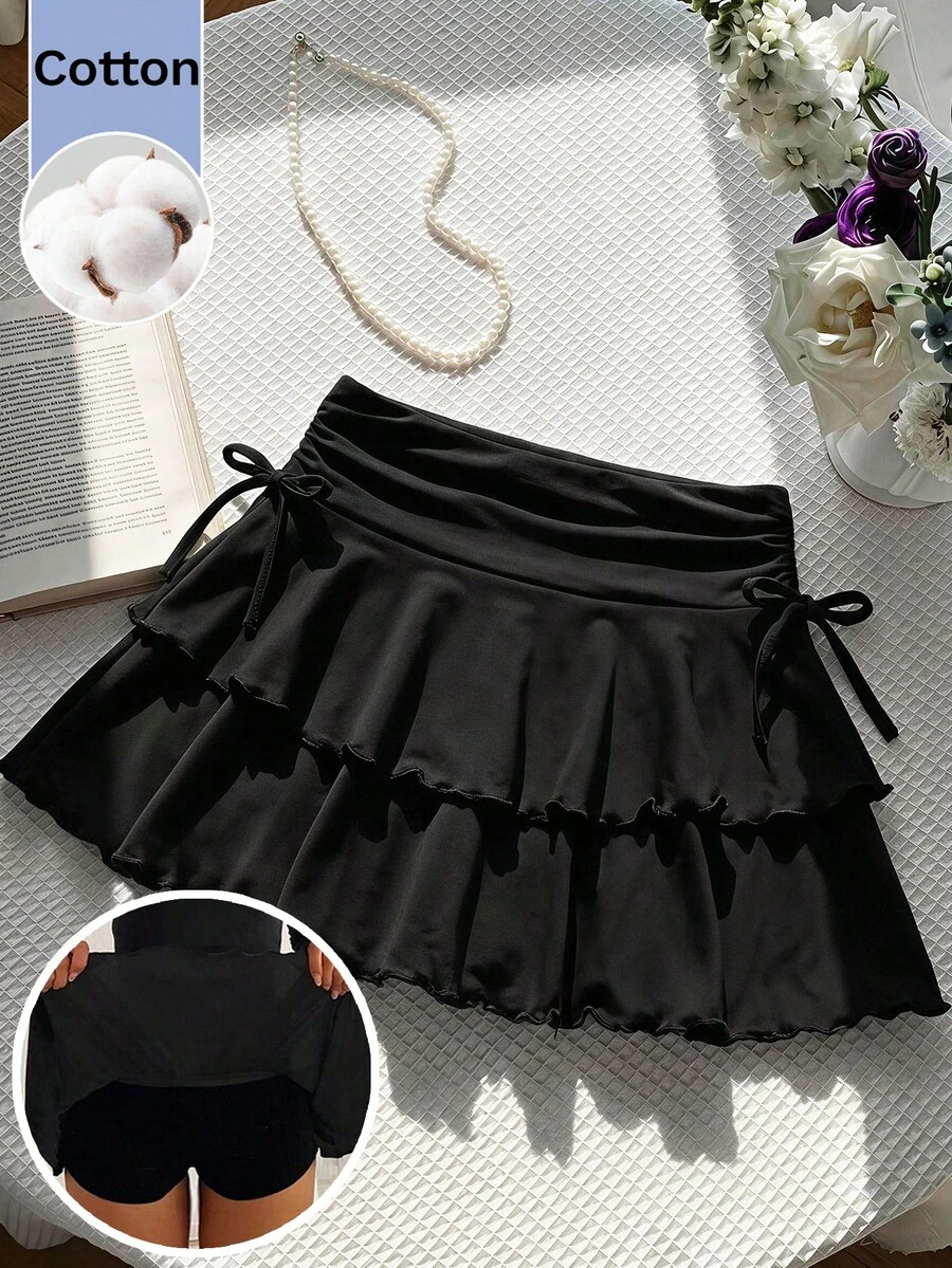 SHEIN 少女街頭休閒黑色針織純色抽繩抓皺腰蛋糕裙 - 黑色 - 查看 1