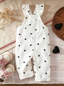 SHEIN Vintaside Kids 1件女嬰休閒可愛粉色愛心吊帶連身褲，適合外出與派對，燈芯絨面料 - 黑與白 - 查看 5