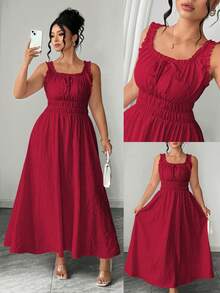 Elenzga Damen-Sommerkleid in Große Größen, A-Linie, quadratischer Ausschnitt, Jacquard, geraffte Taille, ärmellos, mit Schleife, elegant, vintage, romantisch, für Hochzeitsgast, Party und Urlaub, Burgunderrot - Bordeaux - Übersicht 1