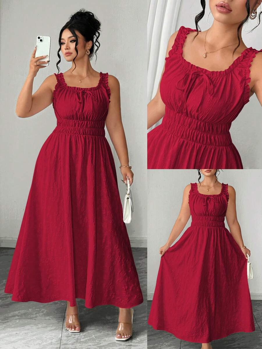 Elenzga Damen-Sommerkleid in Große Größen, A-Linie, quadratischer Ausschnitt, Jacquard, geraffte Taille, ärmellos, mit Schleife, elegant, vintage, romantisch, für Hochzeitsgast, Party und Urlaub, Burgunderrot - Bordeaux - Übersicht 1