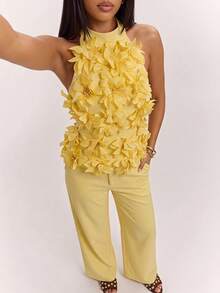 SHEIN BAE Women's Elegant Romantic Mesh Embroidery 3D Floral Camisole Top Paired With Pastel Yellow Suit Pants Two Pieces Set, Spring Summer Garden Party - Light Yellow - View 5