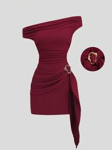 Sweetra Chocolate Bodycon Dress With Off-Shoulder Off-The-Shoulder Neckline, Metal Buckle Decor, Pleated Tie Detail, Sexy Glamorous Vintage Simple Style For Business, Shopping, Dating, Birthday Party, Social Gathering, Commuting, Spring Summer Early Autumn - Burgundy - View 1