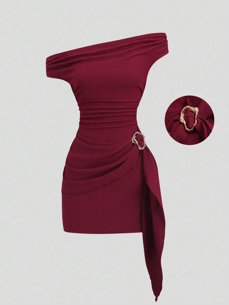 Sweetra Chocolate Bodycon Dress With Off-Shoulder Off-The-Shoulder Neckline, Metal Buckle Decor, Pleated Tie Detail, Sexy Glamorous Vintage Simple Style For Business, Shopping, Dating, Birthday Party, Social Gathering, Commuting, Spring Summer Early Autumn - Burgundy - View 1