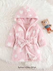 Cozy Pixies 新生兒男嬰女嬰卡通熊圖案保暖內裡加厚連帽長袖前綁帶睡袍 - 彩色 - 查看 4