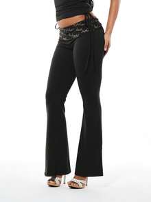 BABYPHAT Fold Over Printed Waist Flare Leggings With Logo Script Detail And Side Tie Strings - Black - View 6