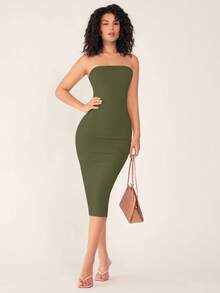 SHEIN BASICS 女款休閒性感派對夜店外出旅行中長度平口洋裝三件套 橄欖綠 白色 黑色 夏季 - 彩色 - 查看 4