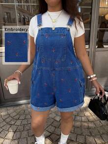 Dripcurv Große Größen Kirsch-bestickte Denim-Latzhose - Blau - Übersicht 1