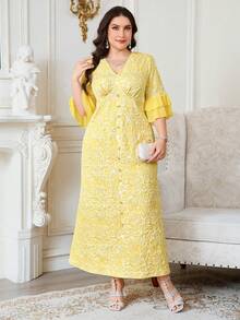 Reflora Vestido elegante de mujer talla grande con cuello en V, diseño de botones y puños con volantes en jacquard - Amarillo - Ver 3