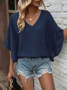 EMERY ROSE Blusa unicolor de manga murciélago de cuello V - Azul Marino - Ver 7
