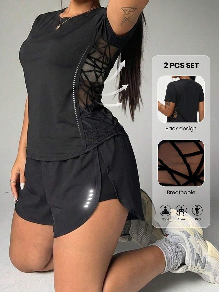 SHEIN Rhythm Era 大码女式网纱拼接短袖上衣和短裤休闲运动套装 - 黑與白 - 查看 1