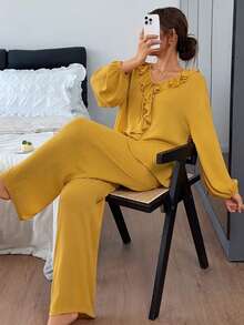 DAZY Women's Fashion Ruffle Long Sleeve Top And Casual Long Pants Pajama Set Fall - Yellow - View 4