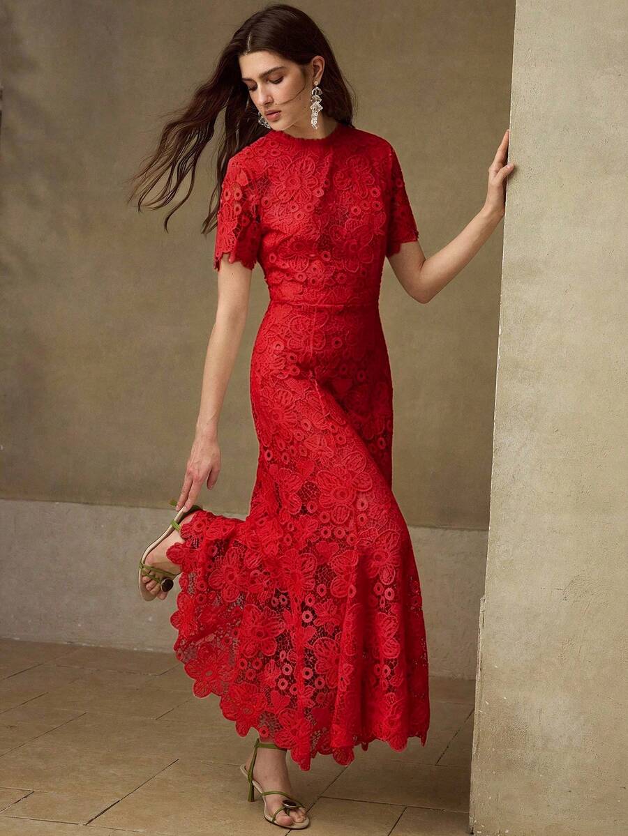 MOTF PREMIUM ELEGANT LACE MERMAID TAIL MIDI DRESS FOR WOMEN - Red - View 1