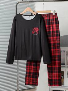 青少年男孩灰色底虎紋圖案長袖上衣與長褲休閒兩件式家居服套裝 - 黑色 - 查看 4