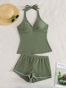 SHEIN Swim 女款純色兩件式細肩帶背心比基尼泳衣，胸前交叉設計，花卉刺繡，休閒熱帶風，適合夏季海灘 - 軍綠色 - 查看 4