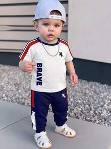 Baby Boys Loose Casual Sports Short Sleeve T-Shirt And Pants 2-Piece Set, Comfortable For Spring/Summer, Classic Gentleman Striped Pattern Print, Exquisite Knight Small Logo Print, Back To School Outfit - Multicolor - View 1