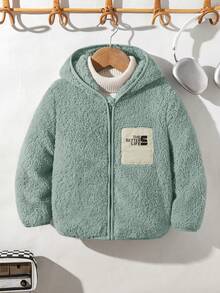 SHEIN 兒童 1件 小男孩休閒時尚連帽抓絨外套，適合日常穿著、上學、旅行、運動，秋冬季 - 綠色 - 查看 3