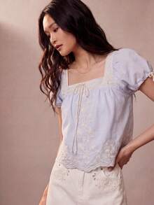 Willow Rêve Women's Blue Embroidered Trim Puff Sleeve A-Line Loose Blouse, Boho Style, Valentine's Day, Romantic Exclusive Style, Sweet Style - Blue - View 9