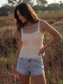 Willow Rêve Women's Cream Lace Trim Camisole Loose Top, Romantic Cottagecore Vacation Style, Valentine's Day, Boho, Tank Top, Summer Tops Picnic - Apricot - View 1