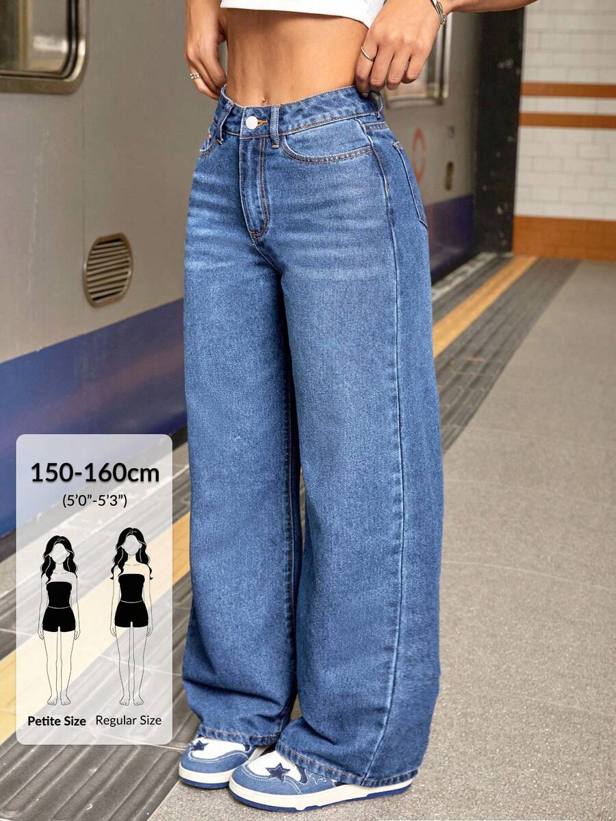 SHEIN PETITE 女款純色貓鬍鬚休閒日常牛仔褲,小碼女款 - 中等水洗藍 - 查看 1