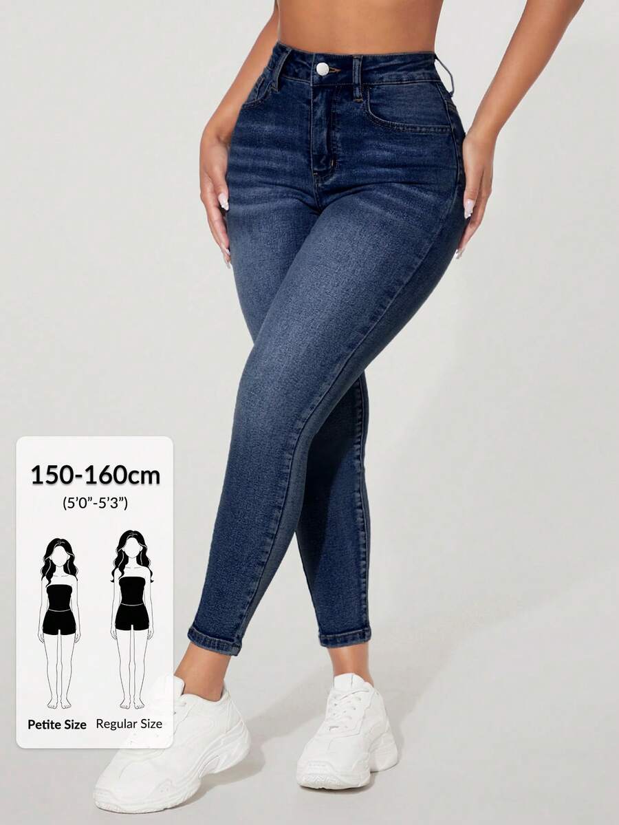 SHEIN PETITE 漸層色緊身牛仔褲口袋休閒時尚牛仔褲,適合嬌小女性 - 深色水洗藍 - 查看 1