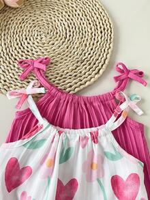 SHEIN Playful Pals 2件組夏季女童洋裝，蝴蝶結肩帶純色與花卉印花洋裝套裝，適合休閒日常穿著，女童專屬 - 彩色 - 查看 4