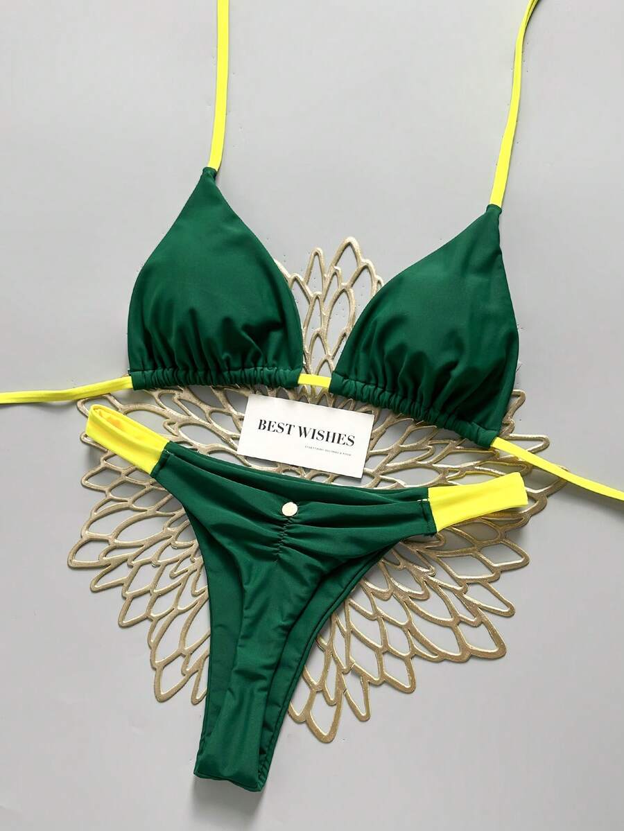 Swim Vcay 女款春夏海灘度假巴西配色比基尼套裝,三角比基尼,背部抓皺設計附金屬標牌,兩件式比基尼套裝,適合嘉年華音樂節與海灘派對 - 彩色 - 查看 1
