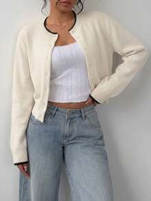 SHEIN BASICS 女款夏季休閒極簡度假風 優雅浪漫復古風 對比色貝殼刺繡領口與袖口開襟衫 通勤 音樂節 海灘 度假 夏季 - 彩色 - 查看 5